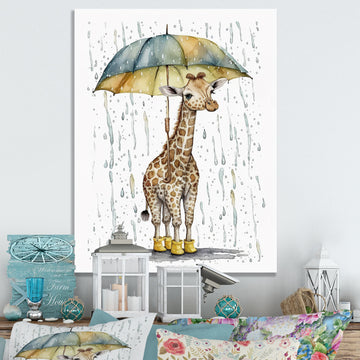 Cute Giraffe With Umbrella Rainy Day - Giraffe Wall Art Prints